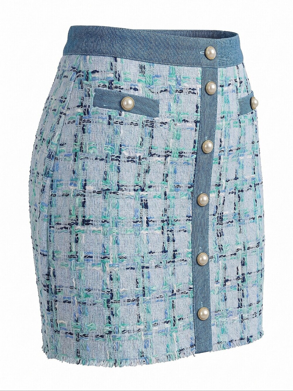 NWT! Nanette Lepore Pearl-Button Tweed Mini Skirt in Light Blue